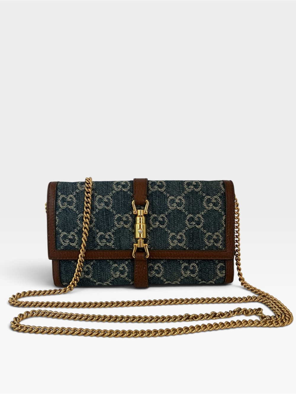 Gucci Blue Denim GG Crossbody Wallet with Brown Leather Trim and Gold Chain
